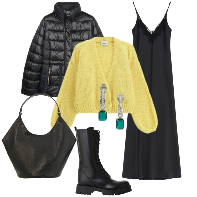 Outfit donna - Abito lingerie e morbido pull. Stile Glamour per Tutti i giorni. Abbinamento con vestiti lunghi, cardigans, stivali, borse a spalla, orecchini, piumini.