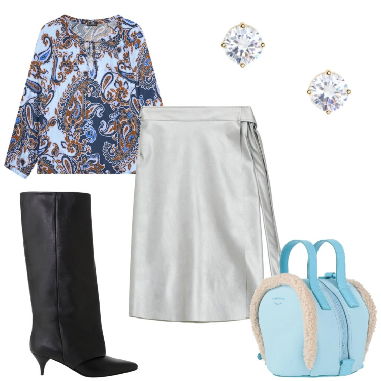 Outfit donna - San Valentino curvy mood :argento. Stile Trendy per Serata fuori. Abbinamento con zaini, gonne longuette, stivali, orecchini, bluse.