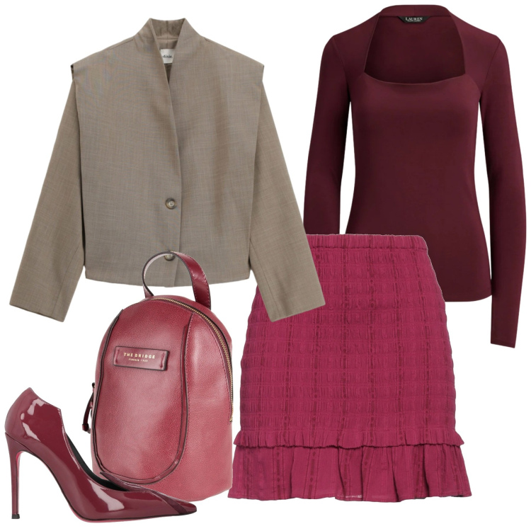 Outfit donna - Burgundy Love. Stile Chic per Serata fuori. Abbinamento con zaini, minigonne, décolleté, blazer, top.
