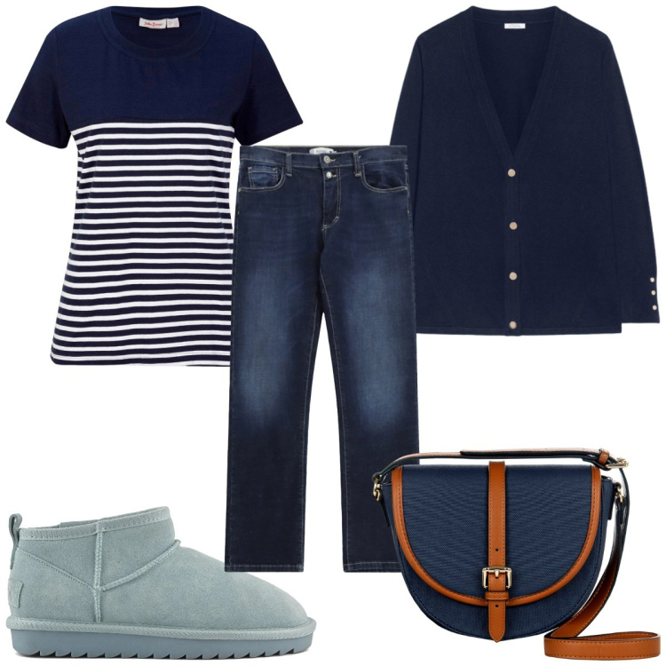Outfit donna - Tessuti morbidi che valorizzano: in blu. Stile Casual per Tutti i giorni. Abbinamento con t-shirt, borse a tracolla, jeans dritti, cardigans, stivali.