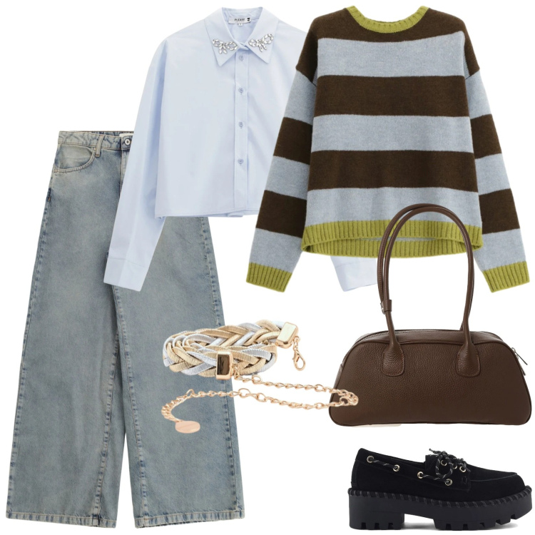 Outfit donna - A febbraio con stile. Stile Casual per Ufficio. Abbinamento con jeans, borse a mano, maglieria, cinture, camicie, mocassini.