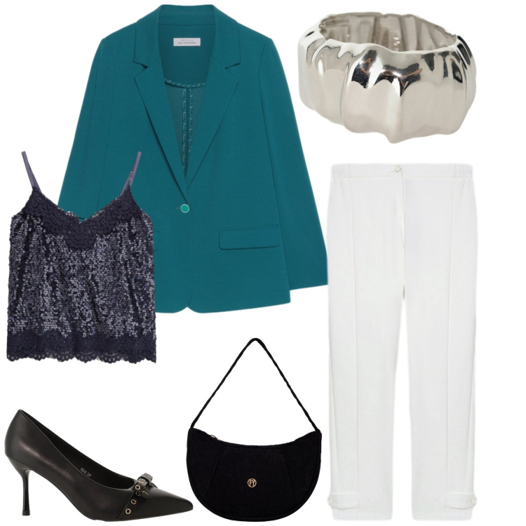 Outfit donna - Total look #2332540. Stile Bon Ton per Cerimonia. Abbinamento con décolleté, top, braccialetti, borse a mano, blazer, pantaloni.