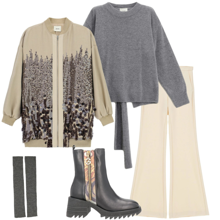 Outfit donna - Una cascata di paillettes. Stile Casual chic per Serata fuori. Abbinamento con stivaletti, pantaloni, bomber, maglieria, guanti.