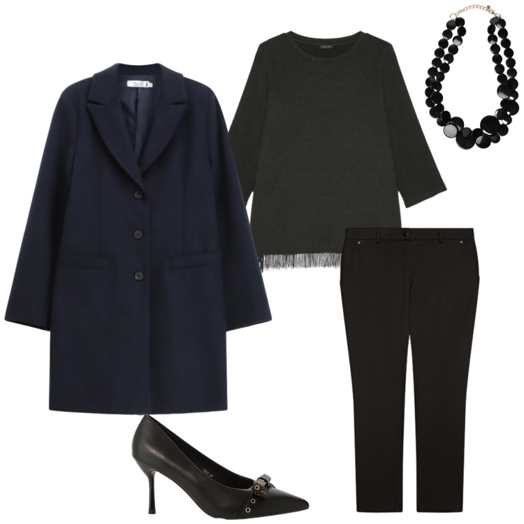 Outfit donna - Total look #2332548. Stile Casual chic per Ufficio. Abbinamento con décolleté, cappotti, bluse, pantaloni, collane.