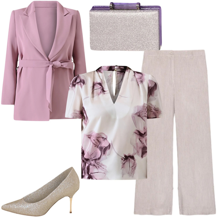Outfit donna - Décolleté platino Rinascimento. Stile Casual chic per Tutti i giorni. Abbinamento con blazer, bluse, décolleté, pochette, pantaloni.
