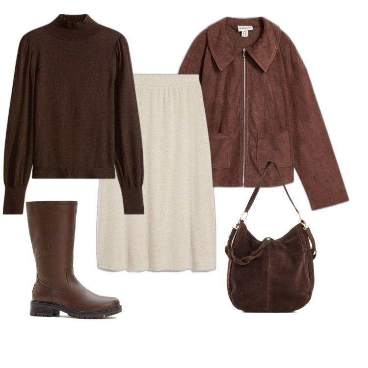 Outfit femme - Jupe maille & Chocolat. Style Casual pour Tous les jours. Assortir avec pulls, jupes au genou, sacs à main, blazers, bottes.