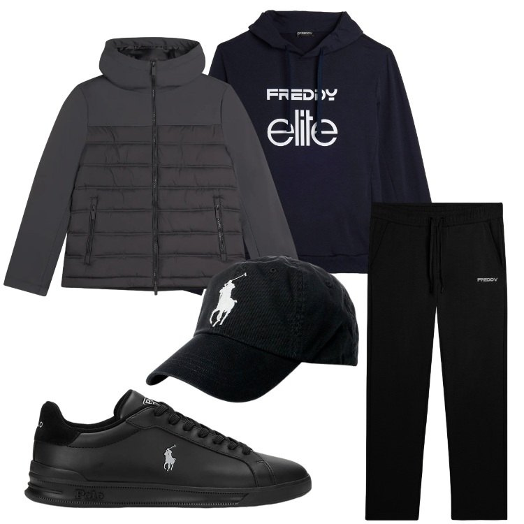 Outfit uomo - Black. Stile Casual per Tutti i giorni. Abbinamento con piumini, felpe con cappuccio, pantaloni sportivi, cappelli, sneakers.