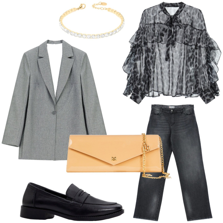 Outfit donna - La scarpa quotidiana. Stile Minimal per Tutti i giorni. Abbinamento con mocassini, bluse, blazer, pochette, jeans, braccialetti.