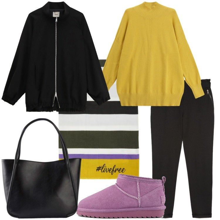 Outfit donna - Un po\' di colore - @pamela. Stile Casual per Tutti i giorni. Abbinamento con shopping bag, maglieria, bomber, stivali, pantaloni, sciarpe.