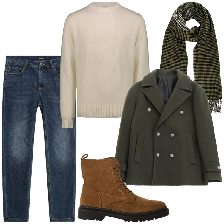 Outfit uomo - Total look #2332567. Stile Casual per Tutti i giorni. Abbinamento con anfibi, cappotti, jeans slim fit, sciarpe, maglieria.