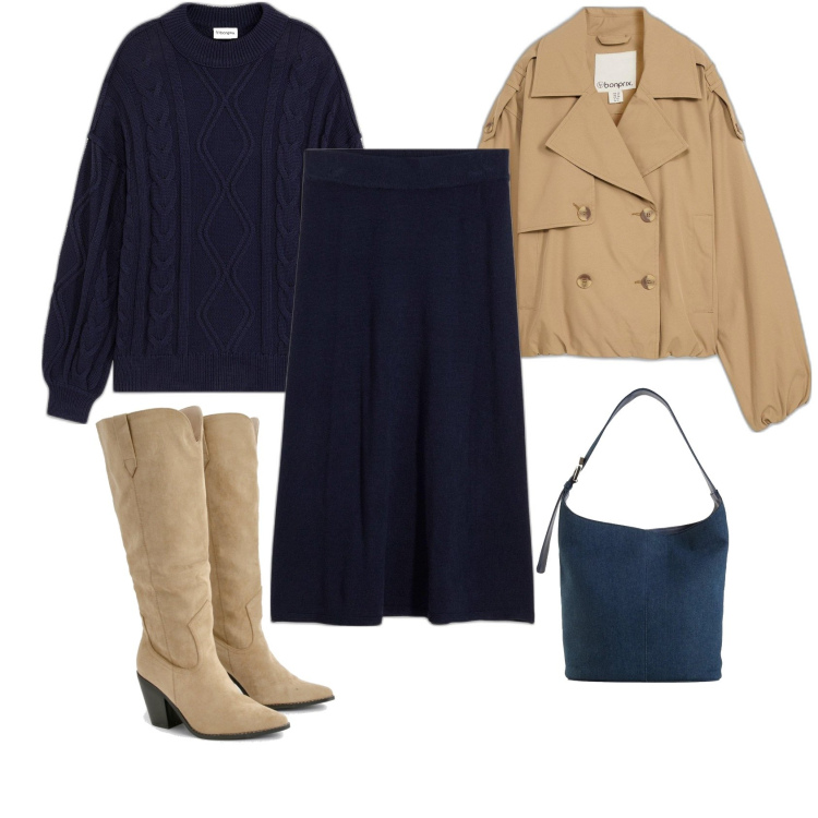 Outfit femme - Maille marine. Style Casual pour Tous les jours. Assortir avec pulls, jupes au genou, sacs seau, imperméable, bottes.