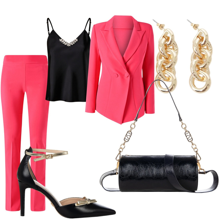 Outfit donna - Un outfit per San Valentino. Stile Chic per Serata fuori. Abbinamento con orecchini, blazer, borse a mano, canottiere, pantaloni, décolleté.