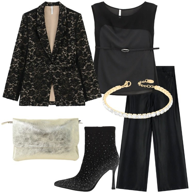 Outfit donna - San Valentino curvy mood. Stile Chic per Serata fuori. Abbinamento con blazer, top, stivaletti, pantaloni a palazzo, borse a spalla, braccialetti.