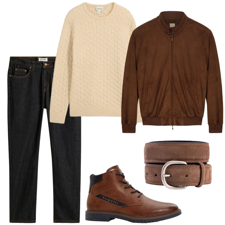 Outfit uomo - Total look #2332578. Stile Casual per Tutti i giorni. Abbinamento con jeans dritti, maglieria, anfibi, giacche, cinture.