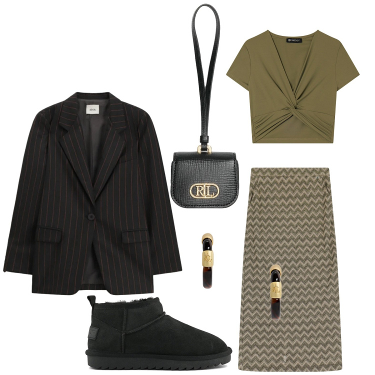 Outfit donna - T-shirt con torshon. Stile Minimal per Tutti i giorni. Abbinamento con gonne lunghe, blazer, t-shirt, orecchini, pochette, stivali.