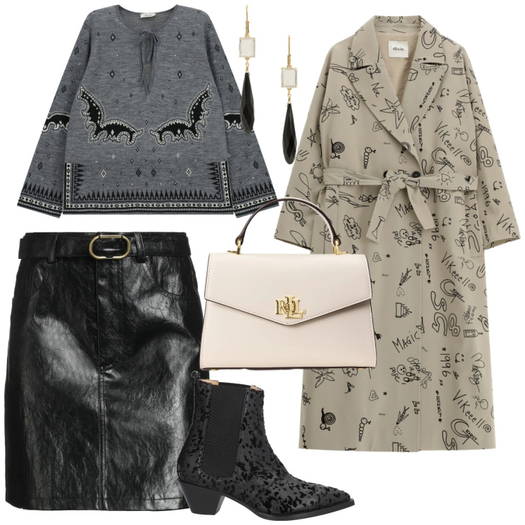 Outfit donna - Uscita serale. per Serata fuori. Abbinamento con stivaletti chelsea, minigonne, cappotti, maglieria, orecchini, borse a mano.