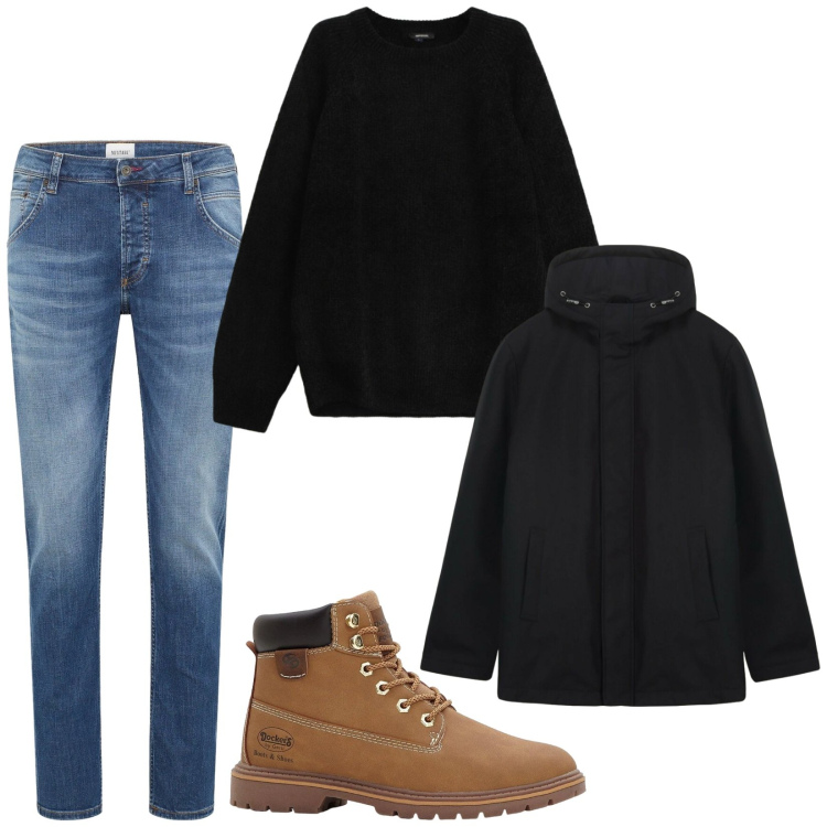 Outfit uomo - Total look #2332584. Stile Urban per Tutti i giorni. Abbinamento con jeans dritti, stivali e stivaletti, maglieria, giacche.