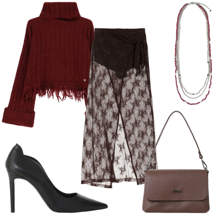 Outfit donna - Tessuti morbidi che valorizzano: gonna. Stile Glamour per Serata fuori. Abbinamento con gonne lunghe, borse a tracolla, décolleté, maglieria, collane.