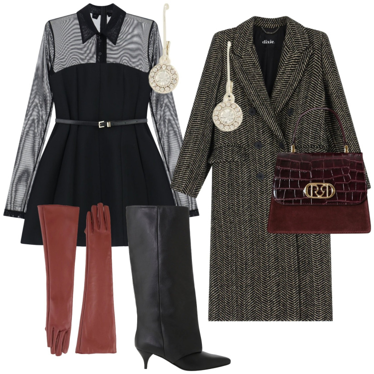 Outfit donna - San Valentino. per Serata fuori. Abbinamento con vestiti corti, stivali, guanti, cappotti, borse a mano, orecchini.