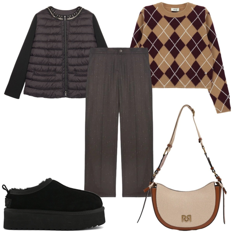 Outfit donna - Tessuti morbidi : il maglione a scacchi. Stile Trendy per Ufficio. Abbinamento con maglieria, borse a tracolla, pantaloni, piumini, sabot.