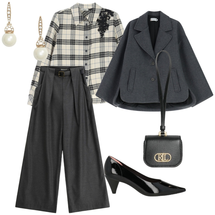 Outfit donna - Serata in compagnia. per Serata fuori. Abbinamento con décolleté, pantaloni a palazzo, camicie, blazer, orecchini, pochette.