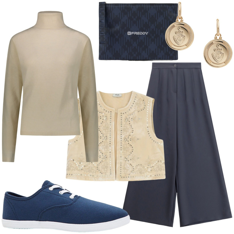 Outfit donna - Il gilet ricamato. Stile Casual per Tutti i giorni. Abbinamento con sneakers, pantaloni a palazzo, gilet, clutch, orecchini, maglieria.