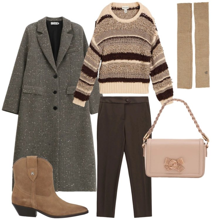 Outfit donna - Righe invernali. Stile Glamour per Tutti i giorni. Abbinamento con maglieria, stivaletti texani, pantaloni, guanti, pochette, cappotti.