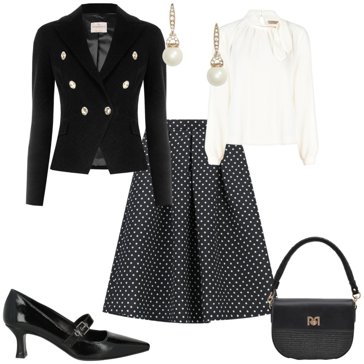 Outfit donna - Vintage retro ogni giorno. Stile Vintage retrò per Tutti i giorni. Abbinamento con décolleté, gonne longuette, bluse, borse a spalla, blazer, orecchini.