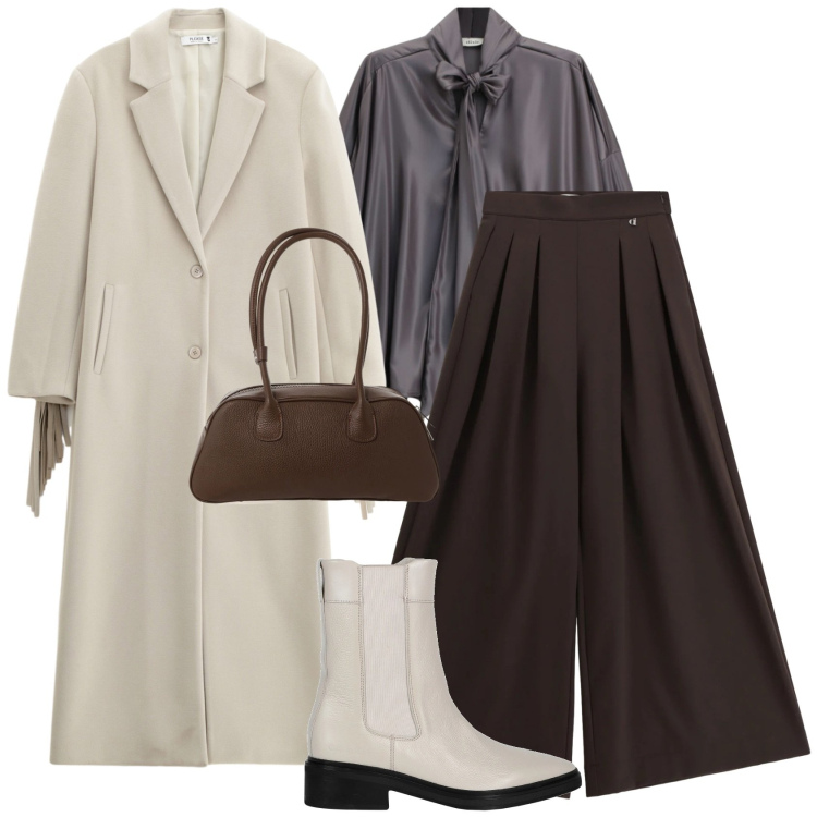 Outfit donna - Il fascino dei dettagli. Stile Glamour per Tutti i giorni. Abbinamento con stivaletti chelsea, borse a mano, pantaloni a palazzo, camicie, cappotti.
