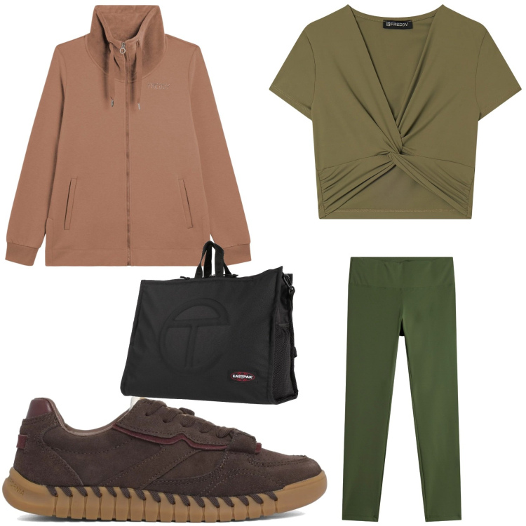 Outfit donna - Allenamento. Stile Sporty chic per Sport. Abbinamento con zaini, leggings, t-shirt, felpe sportive, sneakers.