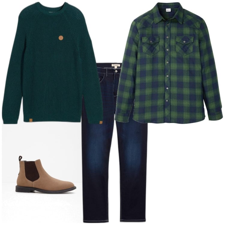 Outfit homme - Février en vert. Style Tendance pour Tous les jours. Assortir avec chemisiers, bottes et bottines, pulls, jeans.