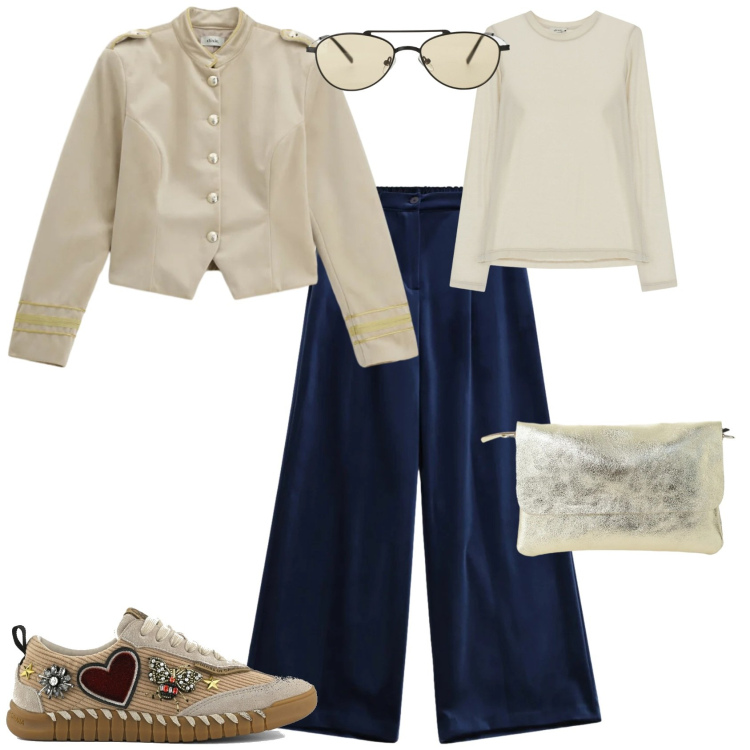 Outfit donna - Trendy ufficio week end. Stile Trendy per Tutti i giorni. Abbinamento con occhiali da sole, borse a spalla, t-shirt, blazer, pantaloni a palazzo, sneakers.