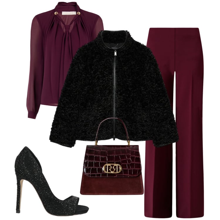 Outfit donna - Burgundy love. Stile Chic per Serata fuori. Abbinamento con décolleté, bluse, borse a mano, pantaloni a palazzo, ecopellicce.