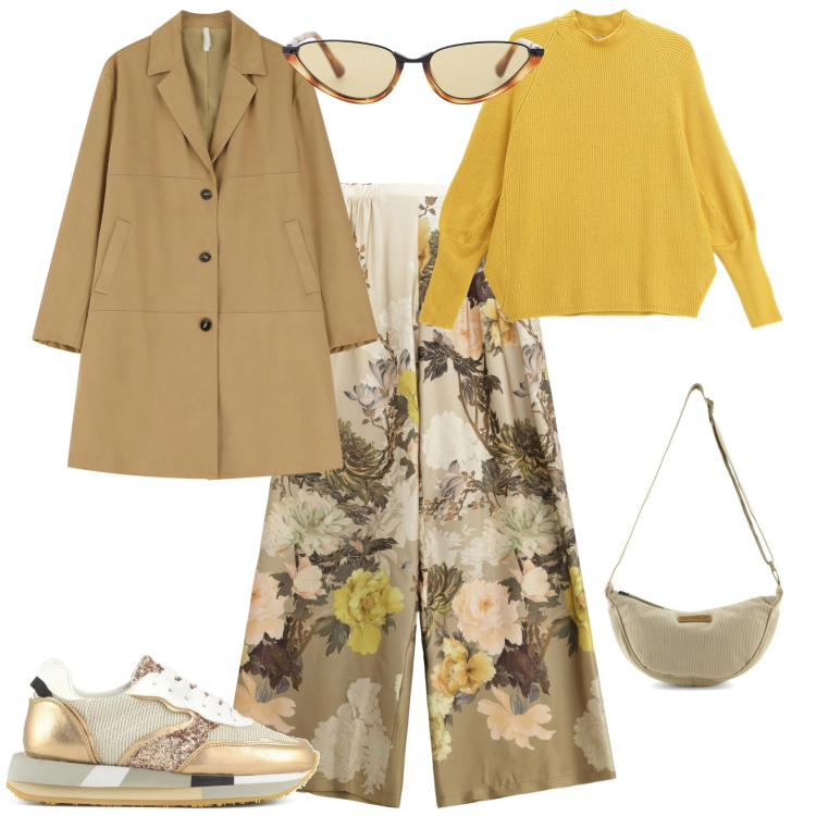 Outfit donna - Romantica ufficio week end. Stile Romantica per Tutti i giorni. Abbinamento con pantaloni a palazzo, cappotti, occhiali da sole, maglieria, borse a tracolla, sneakers.