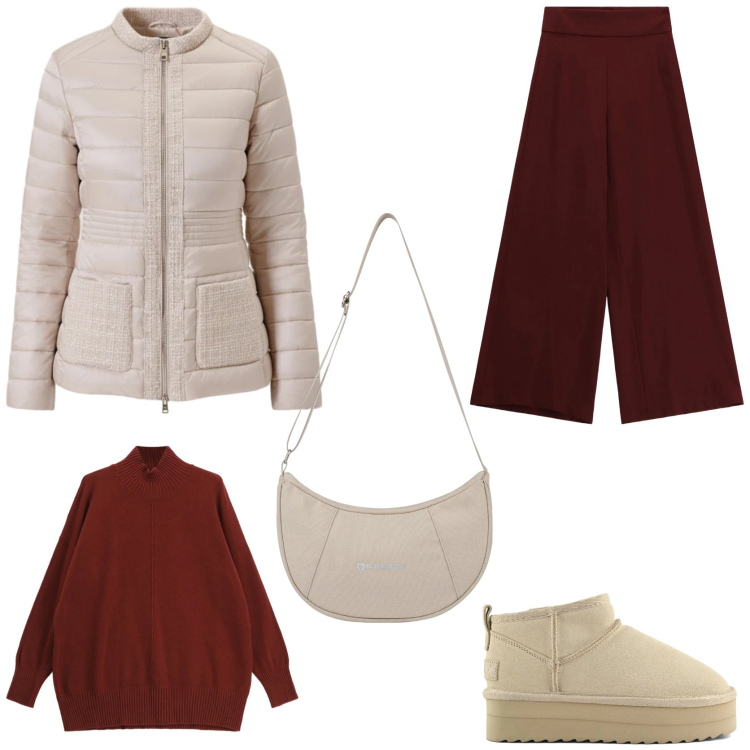 Outfit donna - Urban style. Stile Urban per Tutti i giorni. Abbinamento con maglieria, piumini, pantaloni a palazzo, borse a spalla, stivaletti.