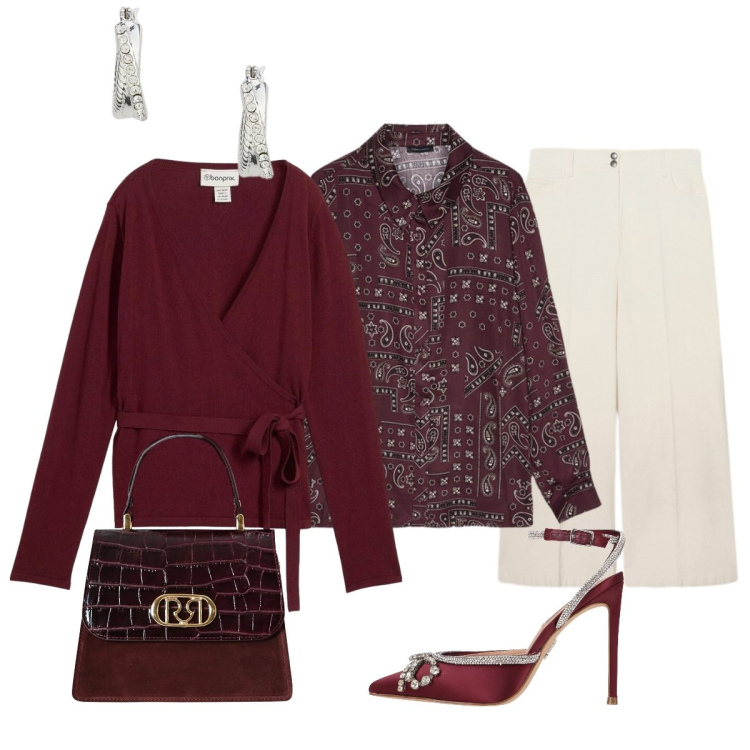 Outfit donna - Per San Valentino. Stile Glamour per Serata fuori. Abbinamento con cardigans, décolleté, borse a mano, orecchini, bluse, pantaloni chino.