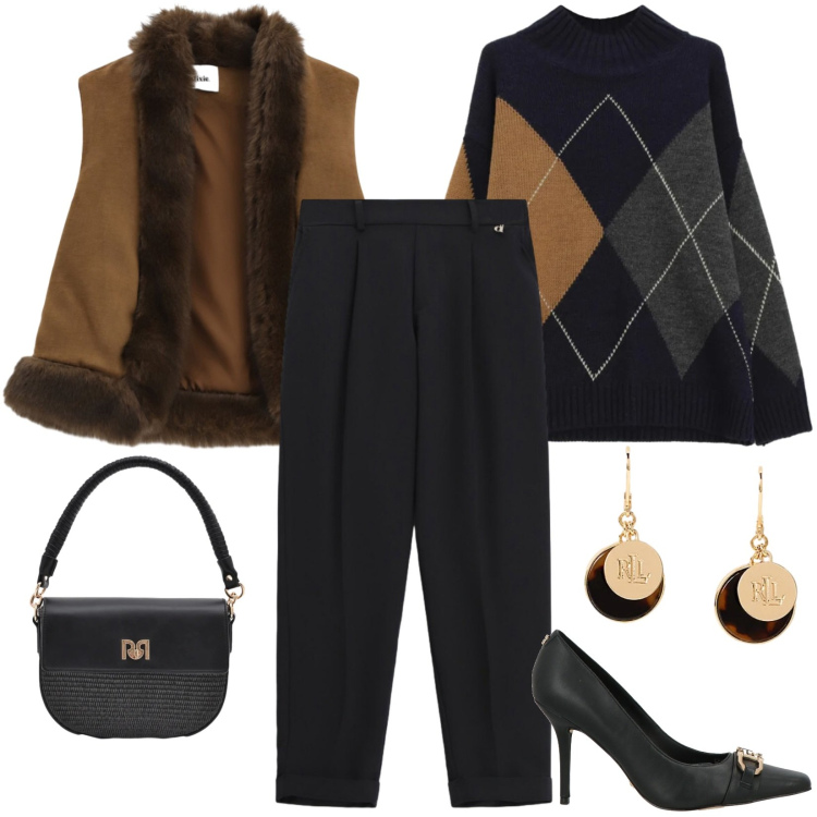 Outfit donna - Serata chic. Stile Chic per Serata fuori. Abbinamento con décolleté, pullovers, gilet, pantaloni, borse a spalla, orecchini.