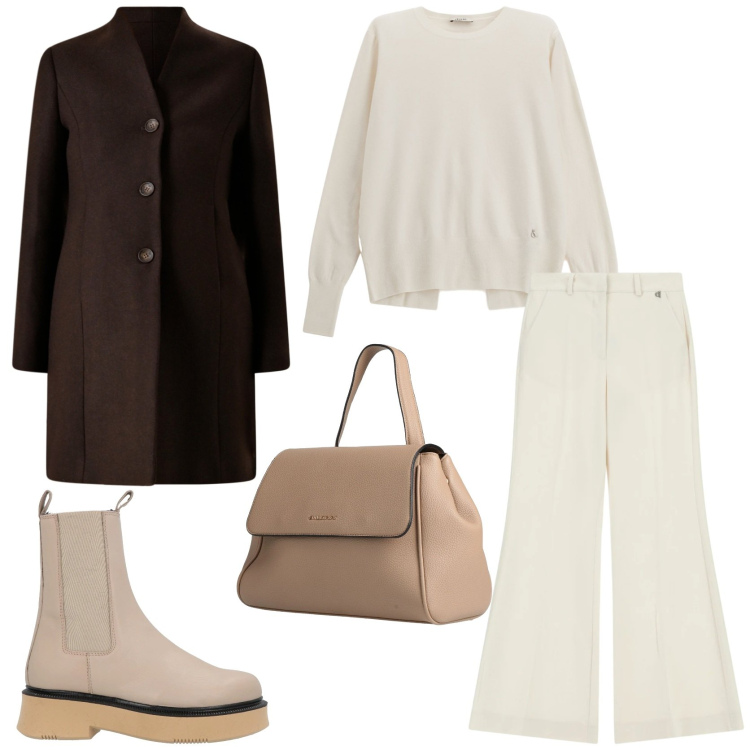 Outfit donna - Abbinamento classico panna e marrone. Stile Chic per Tutti i giorni. Abbinamento con zaini, stivaletti, pantaloni a palazzo, maglieria, cappotti.