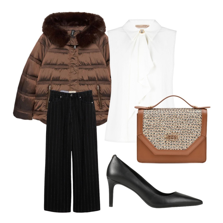 Outfit donna - Cerimonia informale. Stile Casual per Cerimonia. Abbinamento con jeans, décolleté, top, pochette, piumini.