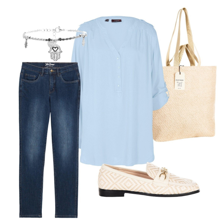 Outfit donna - Blu casual chic. Stile Casual chic per Ufficio. Abbinamento con tuniche, jeans dritti, mocassini, borse tote, braccialetti.