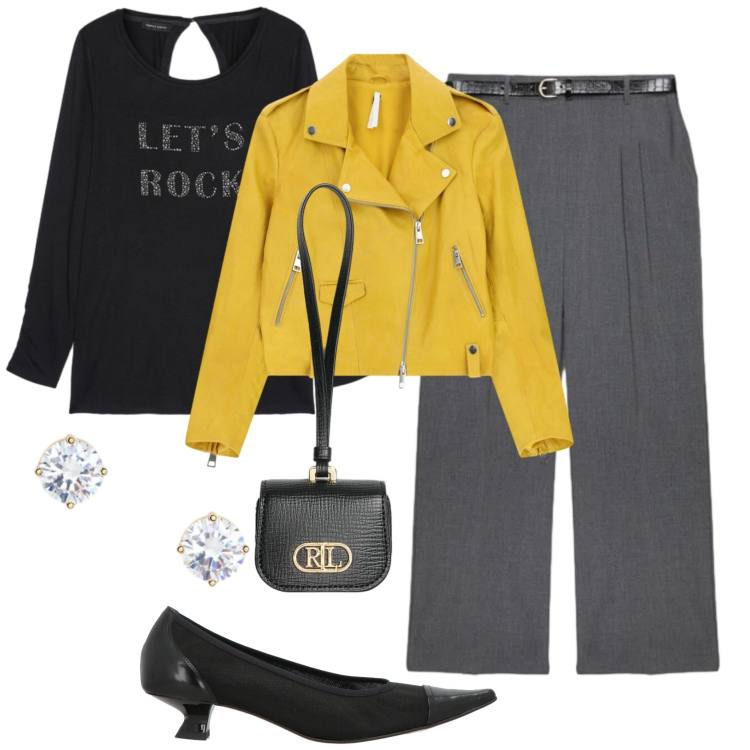 Outfit donna - Let\'s rock. Stile Glamour per Tutti i giorni. Abbinamento con décolleté, giacche, orecchini, pochette, t-shirt, pantaloni.