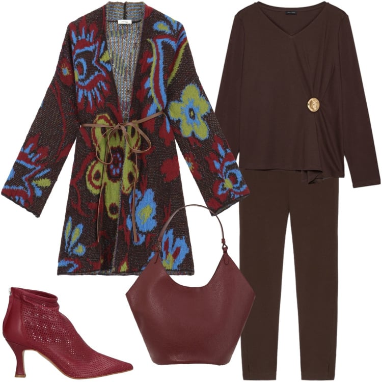 Outfit donna - Street style. Stile Casual chic per Serata fuori. Abbinamento con stivaletti, cardigans, borse a spalla, t-shirt, leggings.