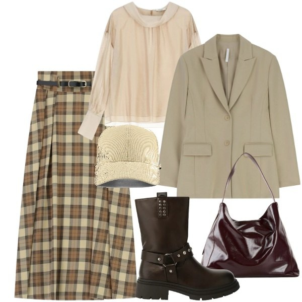 Outfit donna - Urban. Stile Urban per Tutti i giorni. Abbinamento con shopping bag, gonne lunghe, stivali, blazer, camicie, cappelli con visiera.