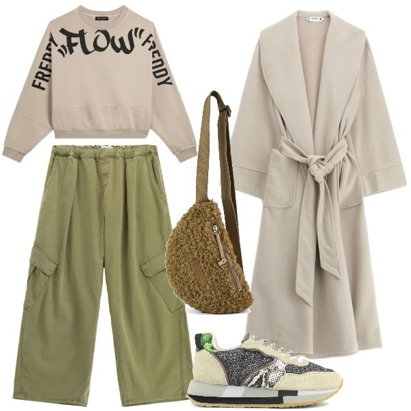 Outfit donna - In viaggio. Stile Sporty chic per Tutti i giorni. Abbinamento con pantaloni cargo, cappotti, felpe, marsupi, sneakers.