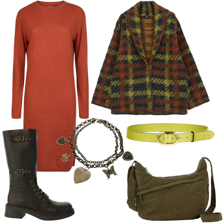Outfit donna - La cintura verde. Stile Basic per Tutti i giorni. Abbinamento con borse a tracolla, stivali, cappotti, collane, cinture, vestiti midi/longuette.