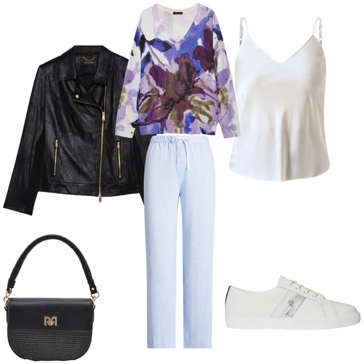 Outfit donna - Floral Bloom & Leathe. Stile Urban per Tutti i giorni. Abbinamento con top, borse a spalla, pantaloni, sneakers, maglieria, blazer.