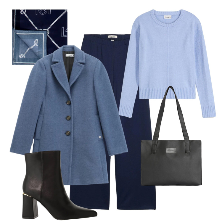 Outfit donna - Basica in blu. Stile Basic per Ufficio. Abbinamento con maglieria, pantaloni, stivaletti, foulard, cappotti, shopping bag.
