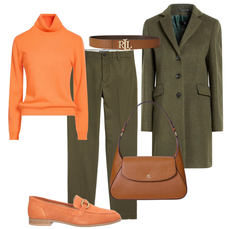 Outfit donna - Arancio e verde - @pamela. Stile Casual chic per Tutti i giorni. Abbinamento con mocassini, maglieria, cappotti, cinture, pantaloni chino, borse a spalla.