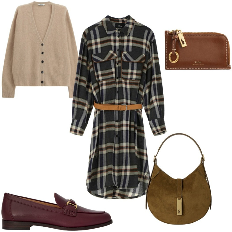 Outfit donna - Tessuti morbidi: il vestito a quadri. Stile Trendy per Tutti i giorni. Abbinamento con vestiti midi/longuette, cardigans, mocassini, borse a spalla, portafogli.