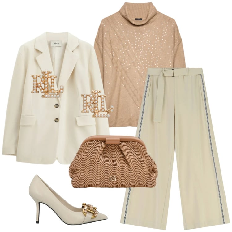 Outfit donna - Total look #2332679. Stile Bon Ton per Ufficio. Abbinamento con décolleté, pantaloni a palazzo, blazer, pochette, orecchini, maglieria.